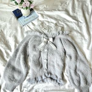 liz Lisa baby blue Cold Shoulder lace knit cardigan sweater with ribbon bijoux